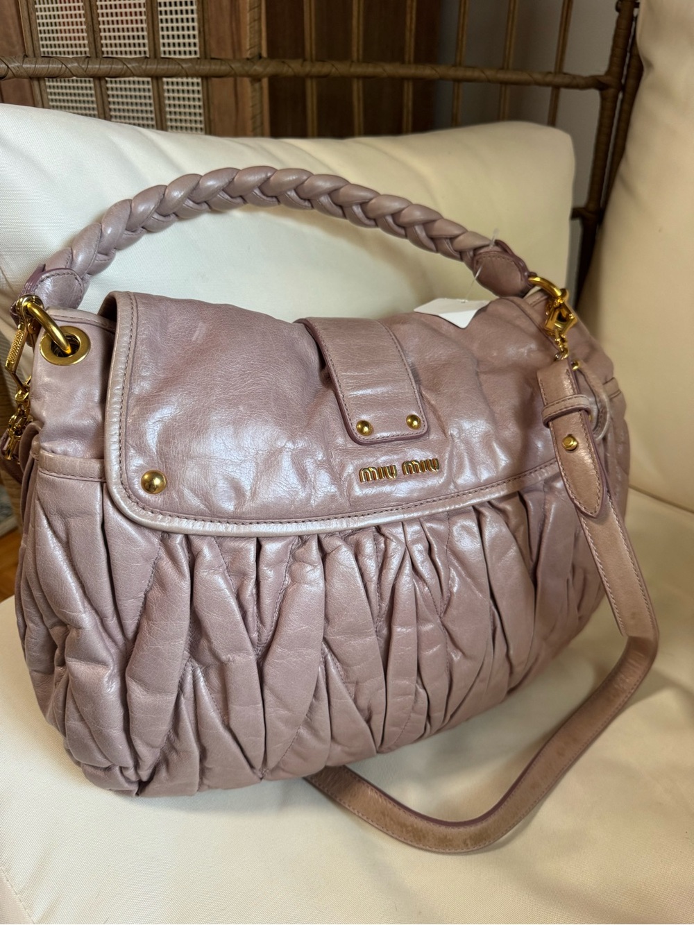 Miu Miu Neutral Pink Matelassé Coffer Hobo Bag w/ Strap - Picture 6 of 16